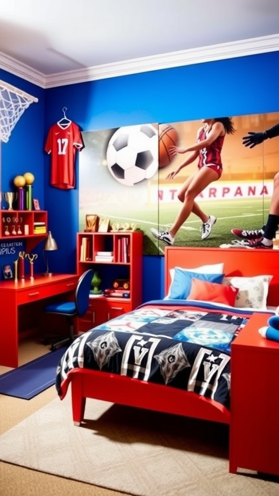 A vibrant sports-themed bedroom featuring a blue wall, basketball jersey, and a basketball hanging from the ceiling.