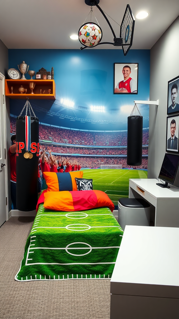 A cozy teen bedroom decorated with a sports theme, featuring a stadium mural, trophies, and a punching bag.