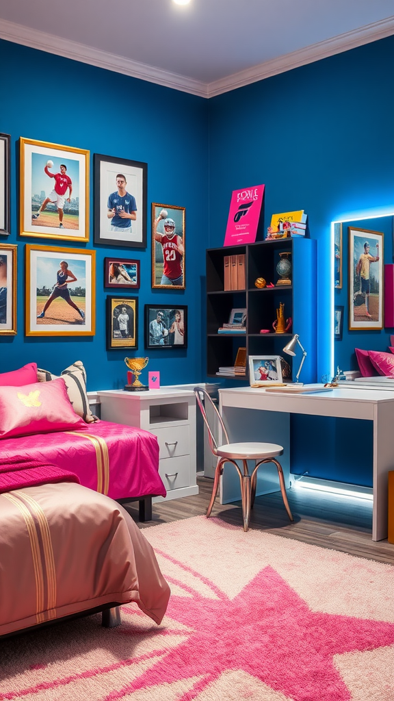 A vibrant bedroom featuring blue walls, sports-themed decor, pink bedding, and a stylish desk area.