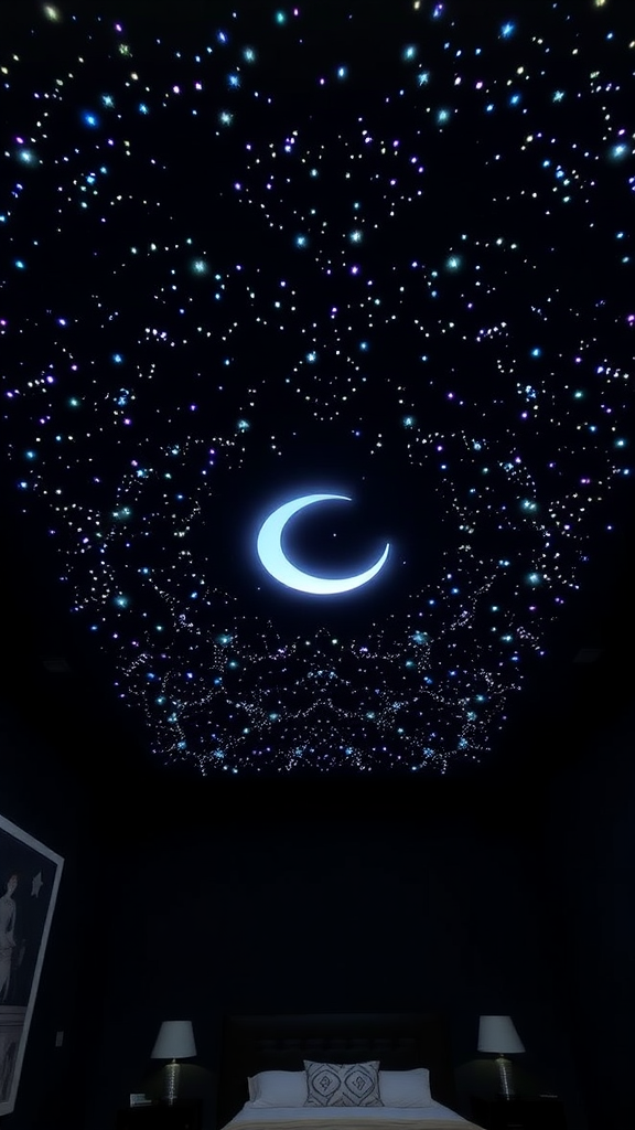 A bedroom ceiling featuring a starlight fiber optic design with a glowing moon