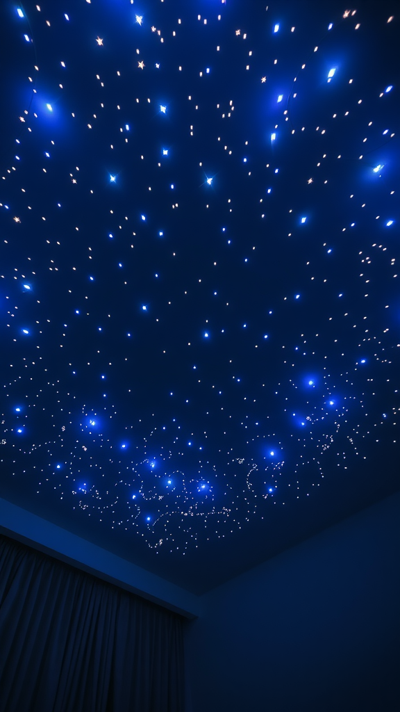 A ceiling adorned with twinkling lights resembling stars in a deep blue sky.