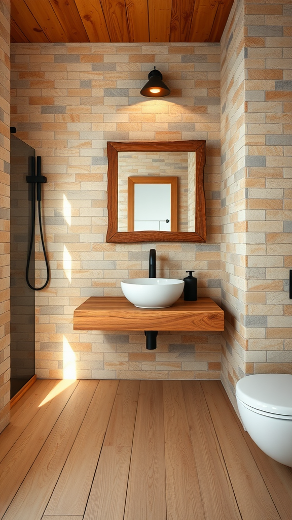 Rustic bathroom with stone walls, wooden ceiling, and floating wood vanity