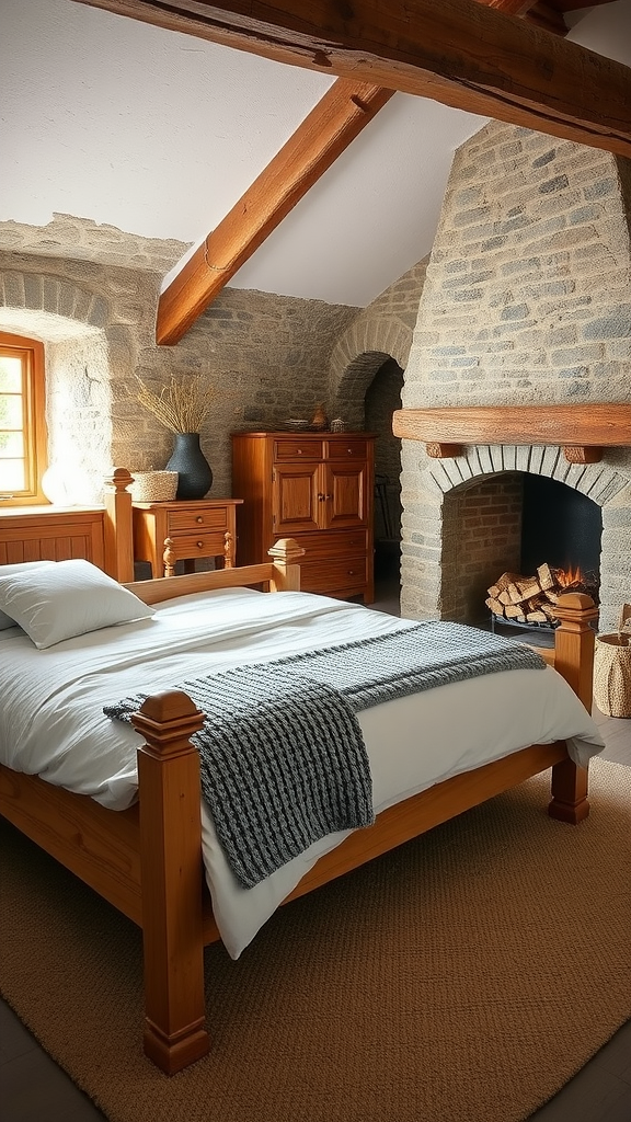 A cozy stone cottage bedroom with a wooden bed, stone walls, and a fireplace.