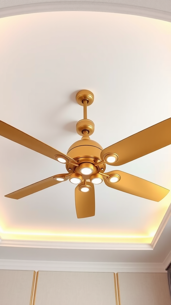 Stylish gold ceiling fan with light fixtures in a modern bedroom ceiling design