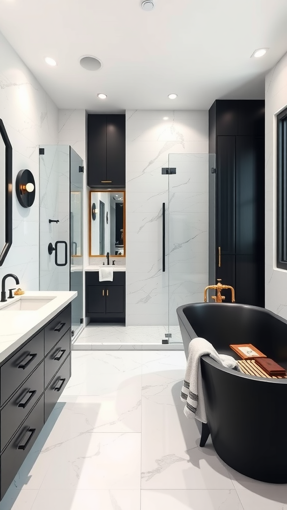 A modern black and white bathroom featuring a freestanding black tub, marble walls, and stylish fixtures.