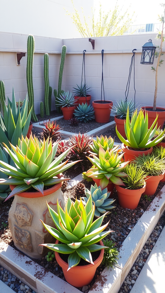 A small garden featuring various succulents in terracotta pots, with a cactus in the background.