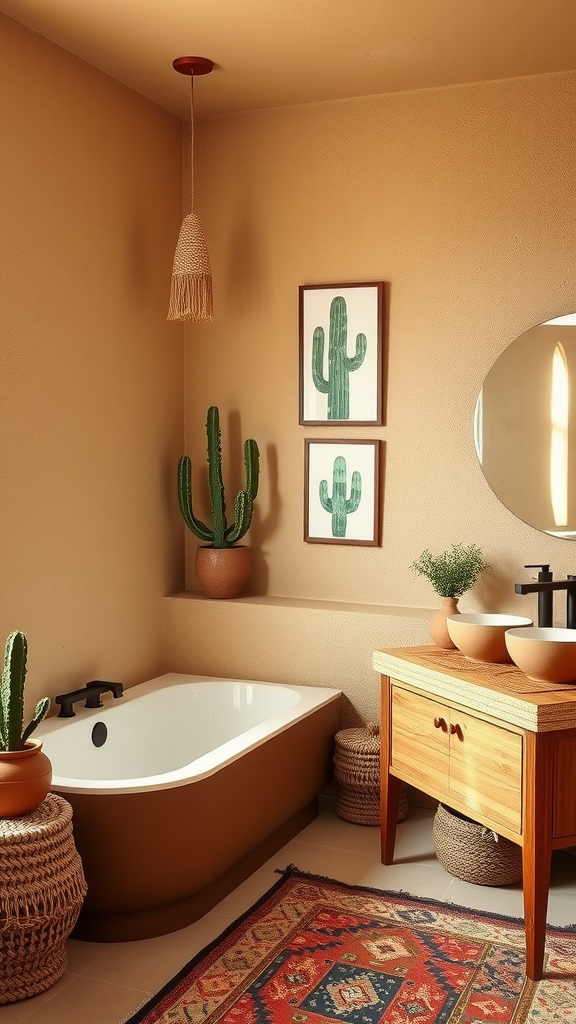 A cozy, adobe-inspired bathroom with a bathtub, wooden vanity, cacti plants, and cactus-themed art.