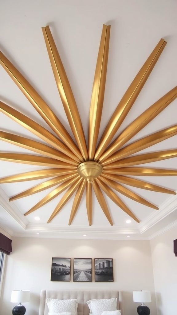 Bedroom with a sunburst ceiling design featuring metallic rays