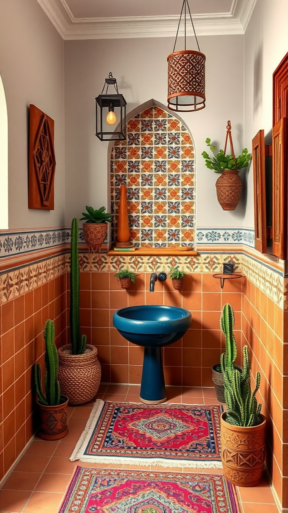 A Moroccan-inspired bathroom featuring a blue sink, terracotta tiles, hanging plants, and colorful patterned decor.