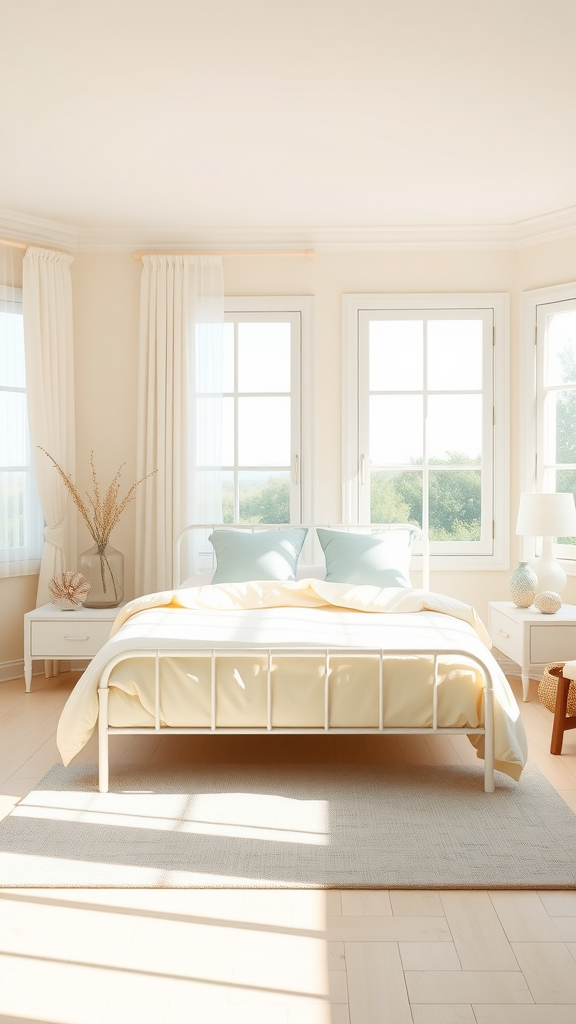 A bright and airy coastal bedroom with a metal bed, soft bedding, and large windows.