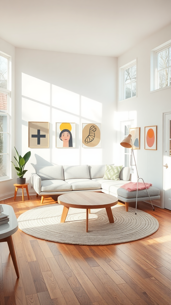 A sunny minimalist mid-century modern living room with large windows, a gray sofa, round coffee table, and art on the walls.