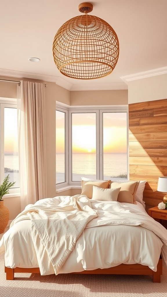 A cozy coastal bedroom with a view of the ocean at sunset.