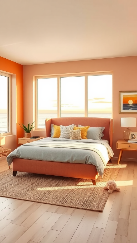 A cozy coastal bedroom with sunset colors, featuring a large bed, bright pillows, and big windows with a view.