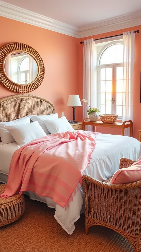 Coastal bedroom with coral walls, white bedding and rattan furniture, bathed in sunset light