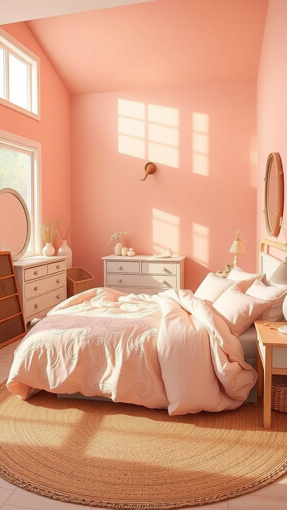 A cozy bedroom featuring sunset pink walls, a neatly made bed, and natural decor.