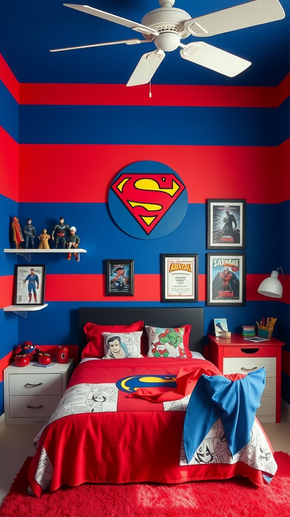 A vibrant superhero-themed bedroom with red and blue walls, superhero bedding, and action figures.