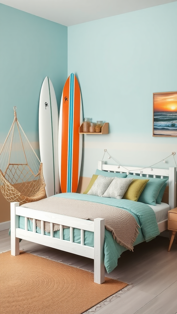 A cozy bedroom with surfboards on the wall, a comfortable bed, and a hammock.