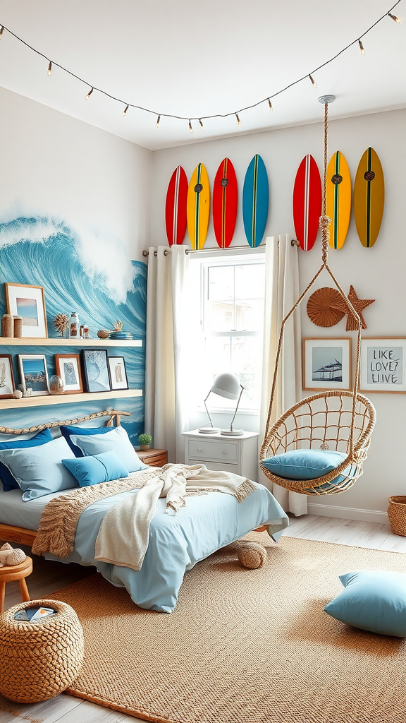 A bright and cheerful surfer-themed bedroom with a wave mural, colorful surfboards, and cozy furniture.