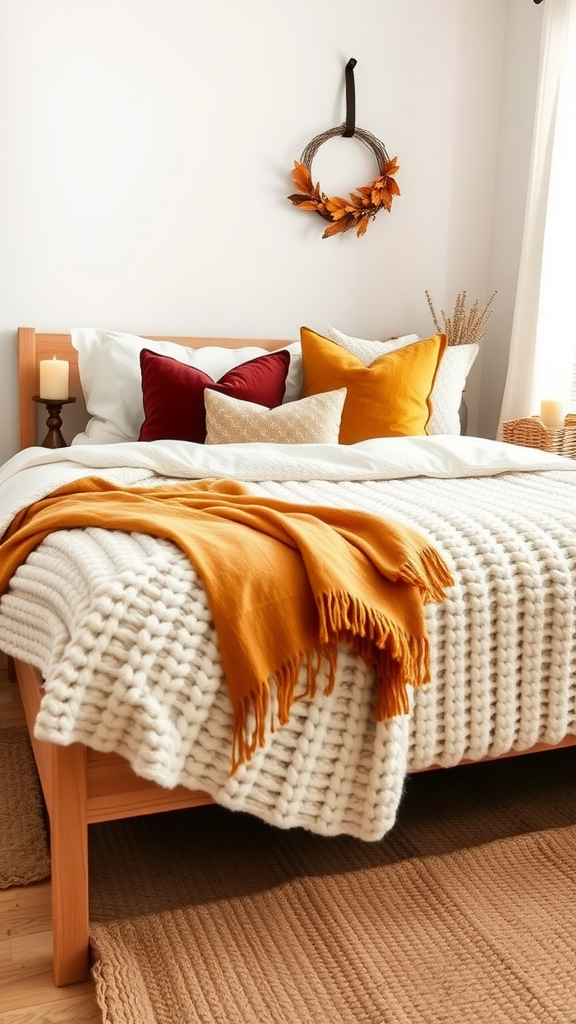 Cozy fall bedroom with a chunky knit blanket, autumn-colored pillows, and a leaf wreath on the wall.