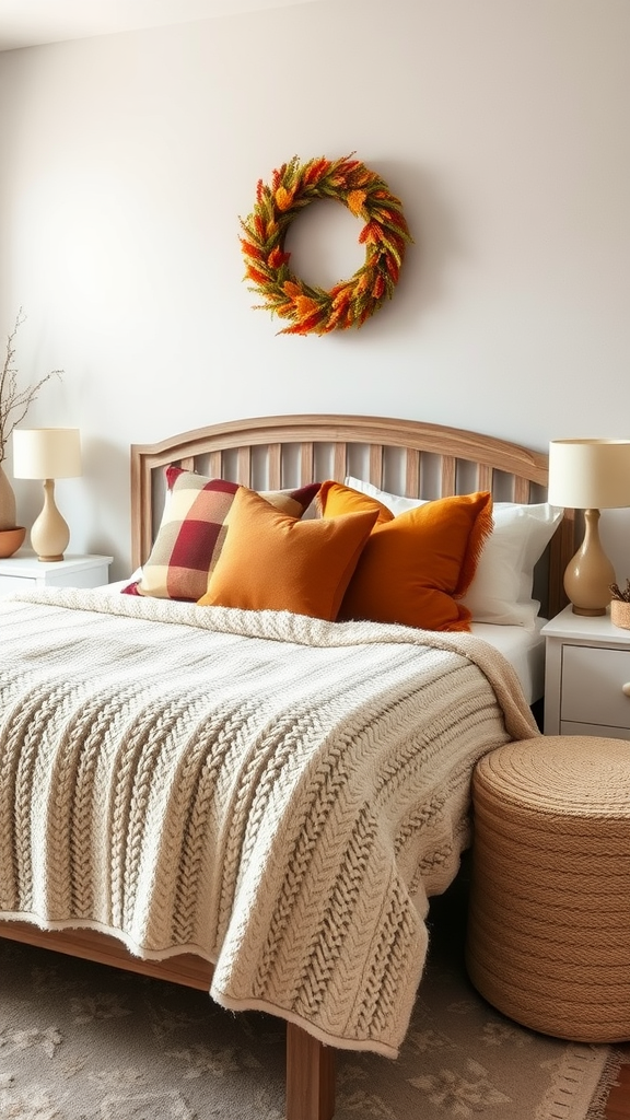 Cozy fall bedroom featuring a knitted blanket, orange and plaid pillows, and an autumn wreath on the wall.