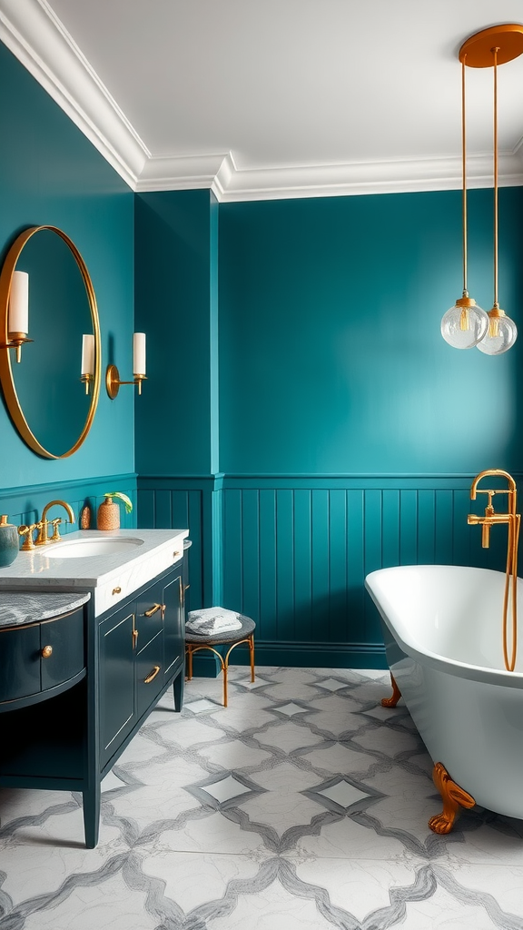 A stylish Art Deco bathroom with teal walls, brass fixtures, a freestanding bathtub, and intricate flooring.