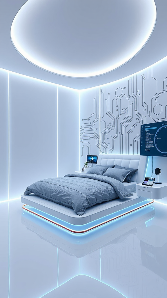 A modern tech-inspired bedroom with sleek design and futuristic elements.