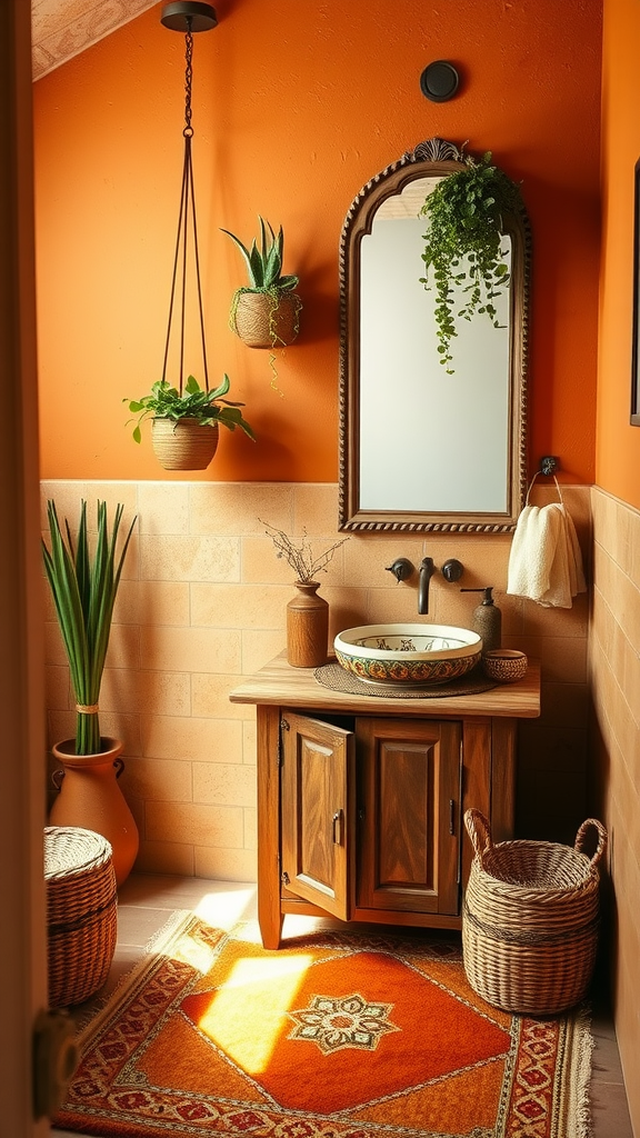 A cozy bathroom with terracotta walls, wooden vanity, plants, and a patterned rug.