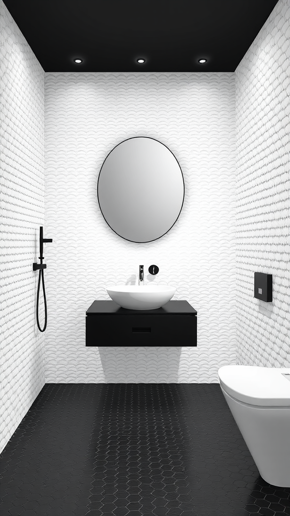 Stylish black and white bathroom featuring textured walls, black fixtures, and a round mirror.