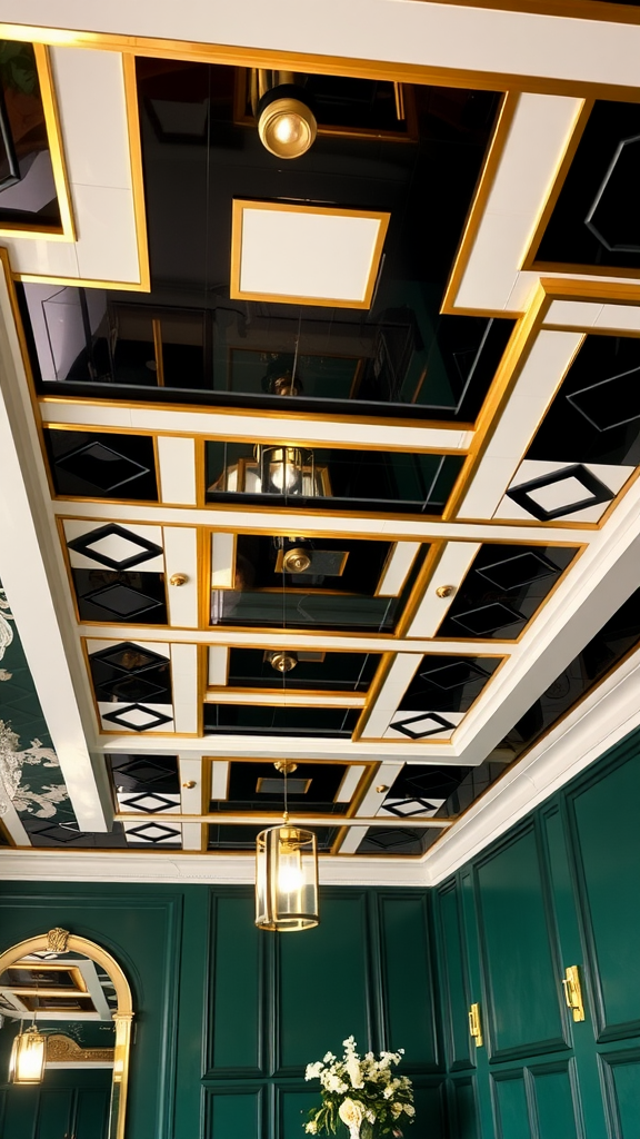 Stylish Art Deco ceiling with black and white tiles, gold accents, and elegant lighting.