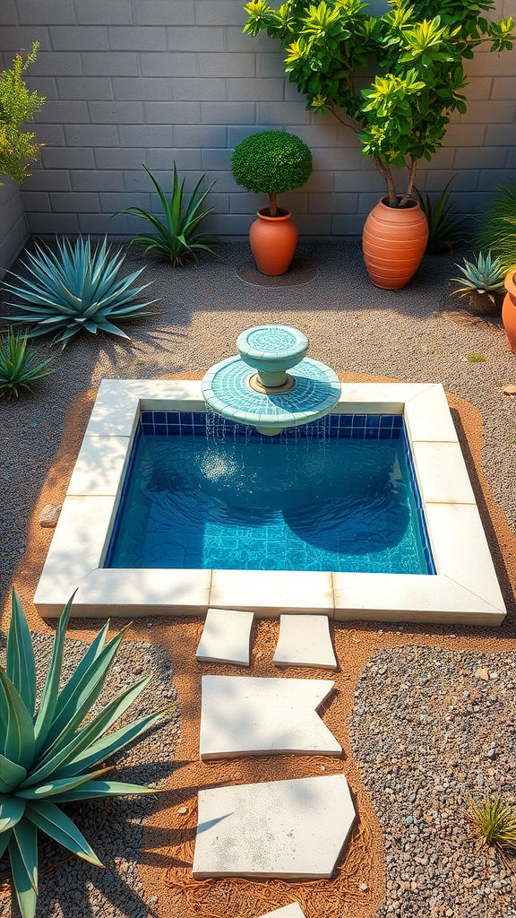 A small tiled fountain plunge pool surrounded by plants and stepping stones in a cozy yard.