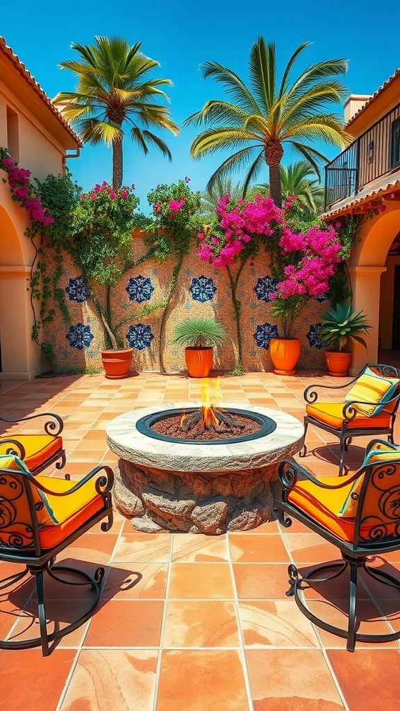 A Mediterranean-style patio featuring a fire pit surrounded by colorful chairs, lush greenery, and vibrant flowers under a clear blue sky.