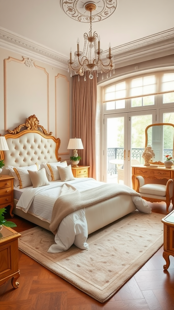 A luxurious classic master bedroom with an ornate bed, elegant chandelier, and rich wood furniture.