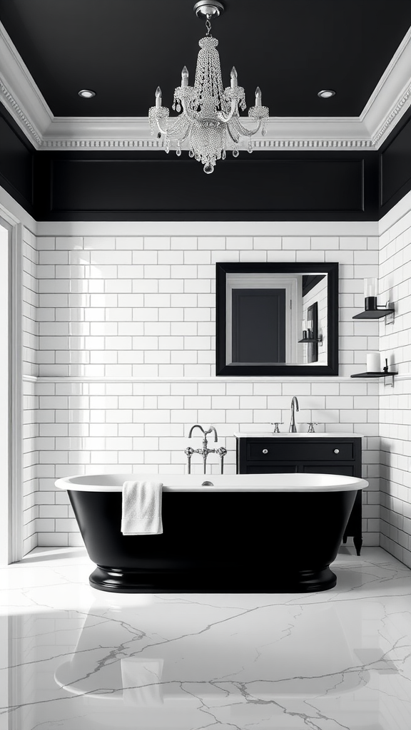 Stylish black and white bathroom featuring a freestanding bathtub, chandelier, and marble flooring.