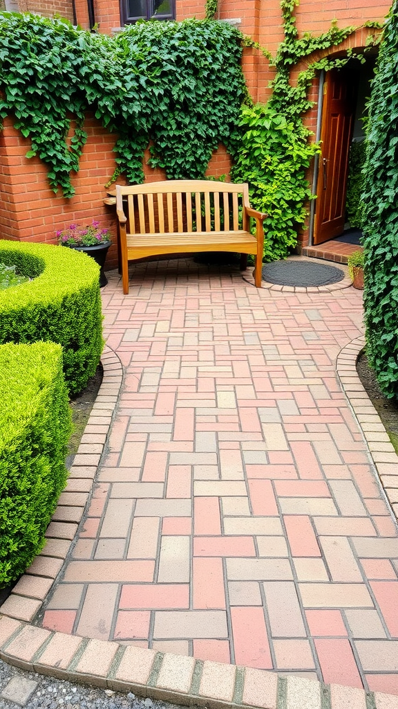 A traditional brick paver patio surrounded by greenery and a wooden bench.