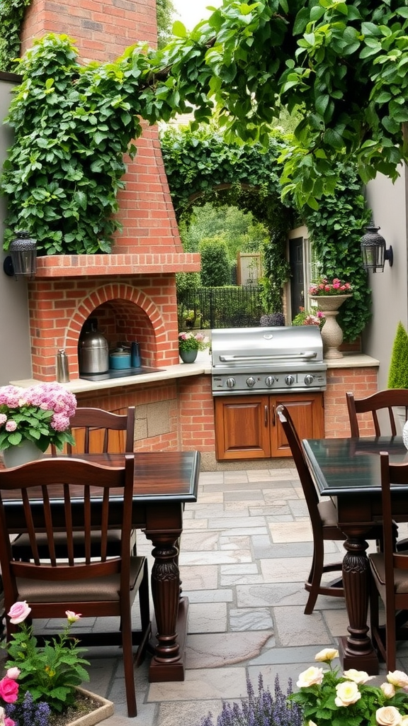 Outdoor kitchen patio with brick chimney, grill, wooden tables, and flowers