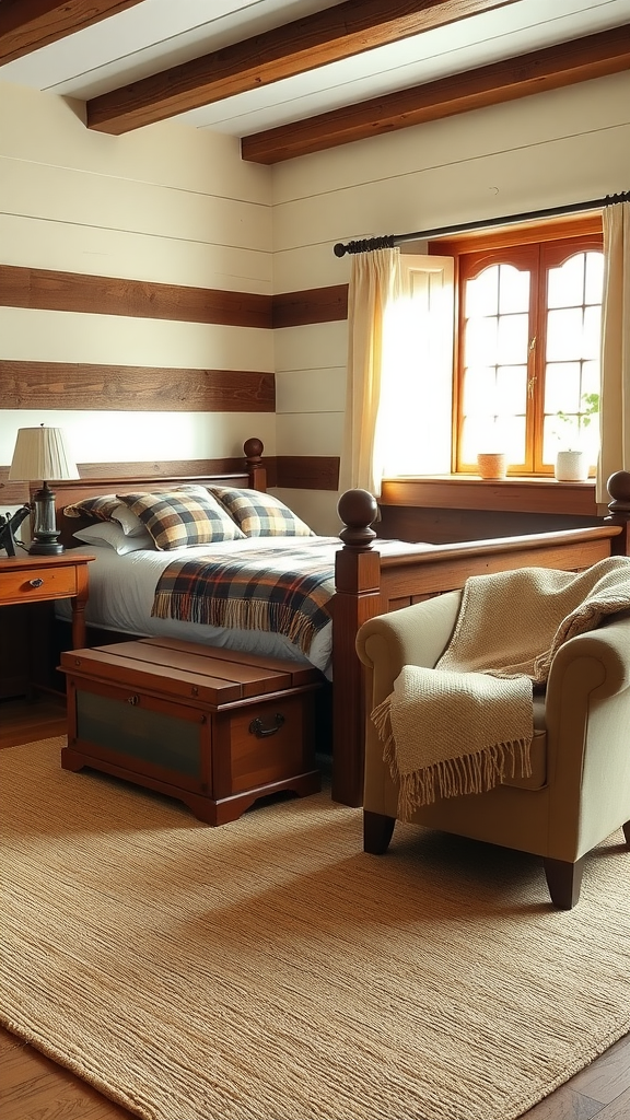 Cozy traditional farmhouse bedroom with wooden beams, plaid bedding, and a comfortable armchair.