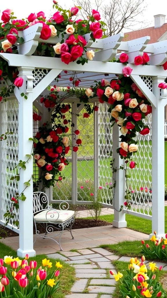 A traditional white pergola covered with red and pink roses, featuring a small bench and vibrant tulips in the foreground.