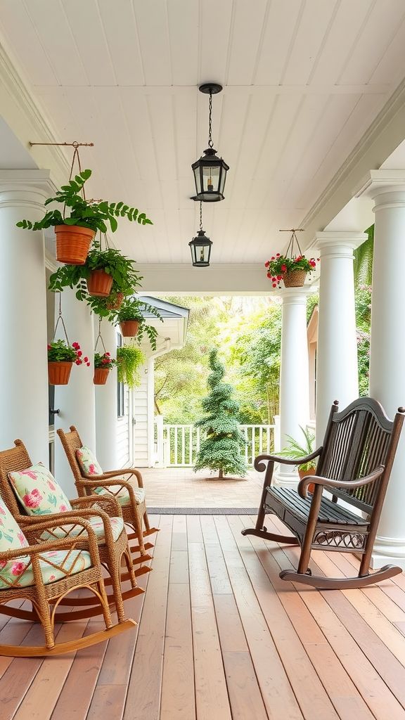 Traditional Southern covered patio with rocking chairs and hanging plants.