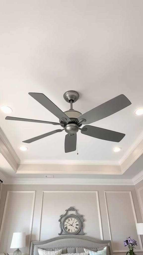 A transitional bedroom ceiling with a pop design and a modern ceiling fan.