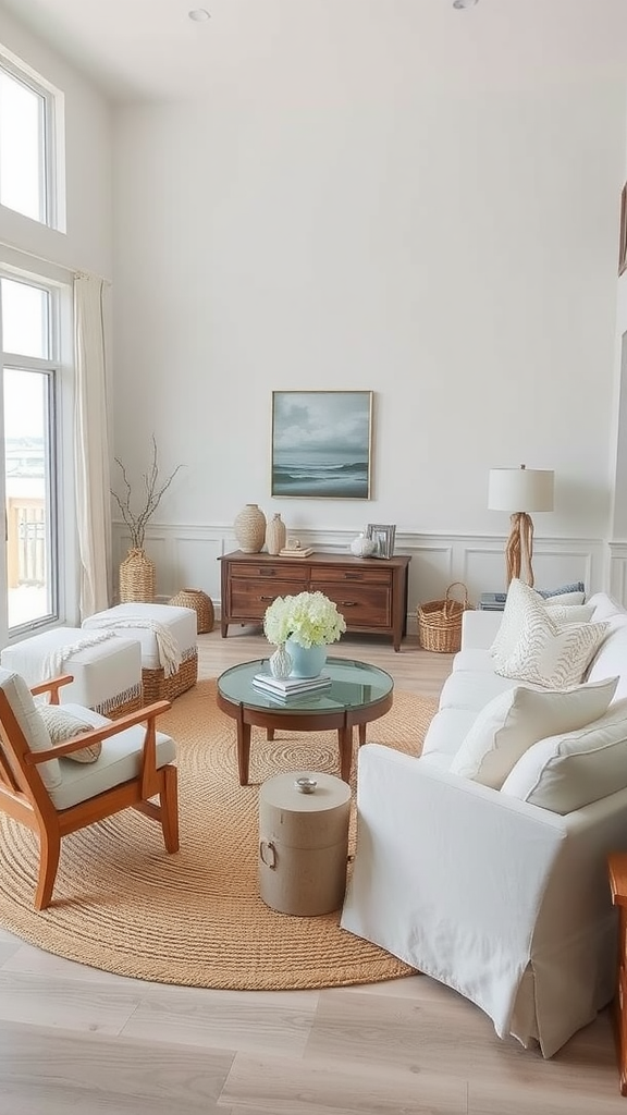 A bright coastal living room featuring a white sofa, wooden chairs, a round jute rug, and a glass coffee table.