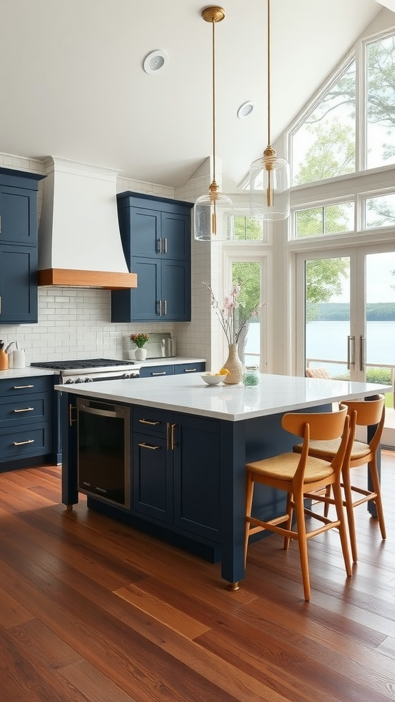 Transitional lake house kitchen featuring navy cabinets, a large island, and large windows overlooking the lake.