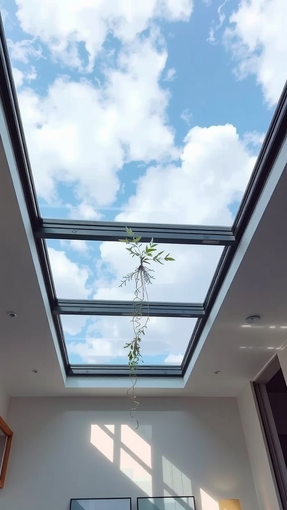 Bedroom ceiling featuring a translucent glass panel with a view of the sky and a hanging plant.