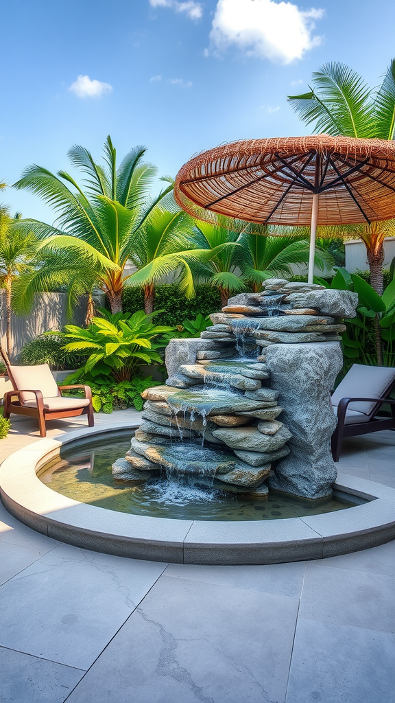 A tropical-inspired concrete patio featuring a waterfall and lush greenery.