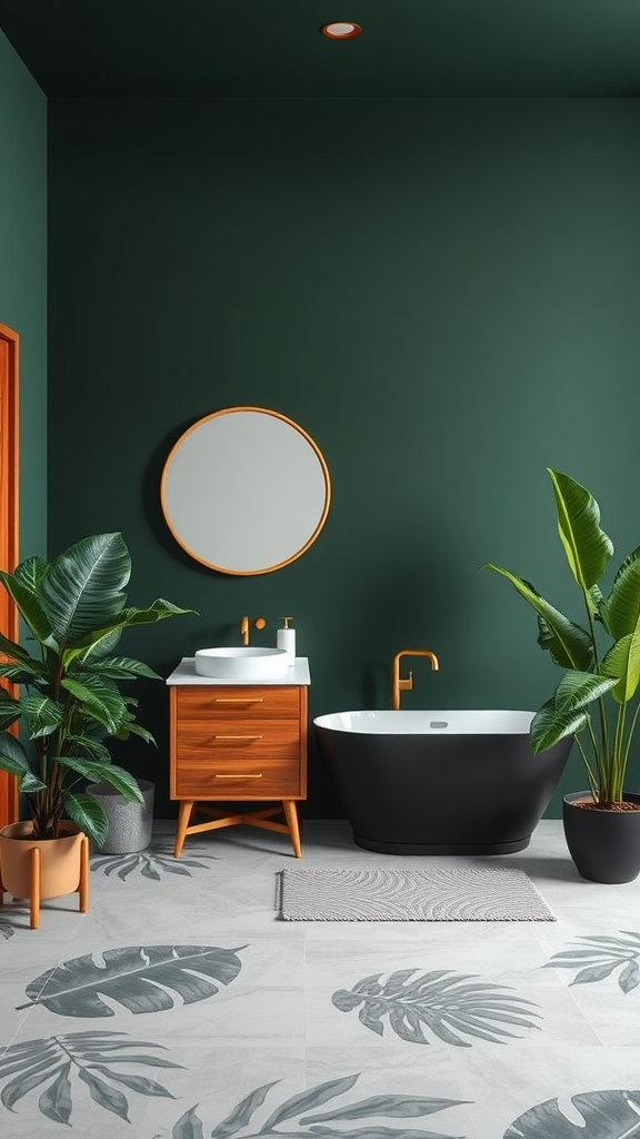 A tropical-inspired mid-century modern bathroom featuring green walls, a black bathtub, wooden vanity, gold fixtures, and large green plants.