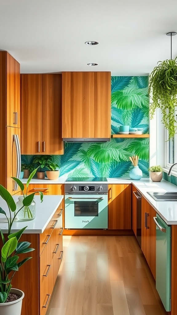 A tropical-inspired mid-century modern kitchen with wooden cabinets, mint green appliances, and palm leaf wallpaper.