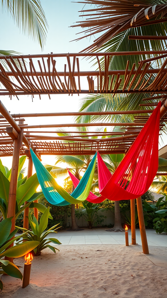 A tropical bamboo pergola with colorful hammocks surrounded by lush greenery.