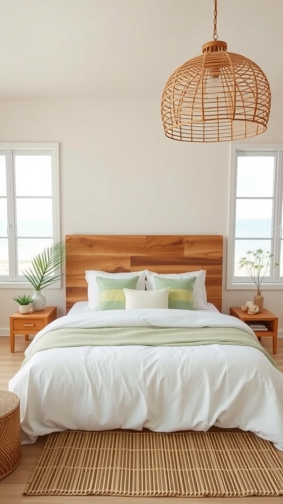 A cozy bedroom with a wooden headboard, white bedding, and tropical decor.