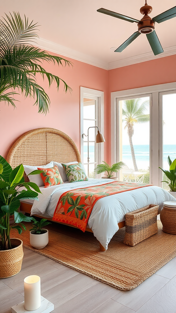 A tropical blush coastal bedroom with pink walls, a rattan bed, and vibrant bedding, surrounded by plants and natural decor.