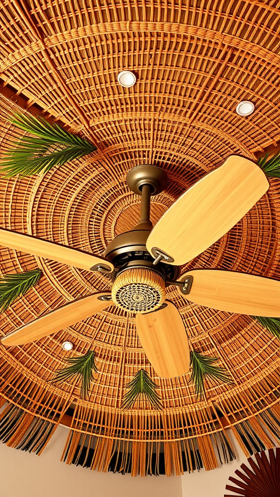 Tropical ceiling design with a woven pattern and a wooden ceiling fan.