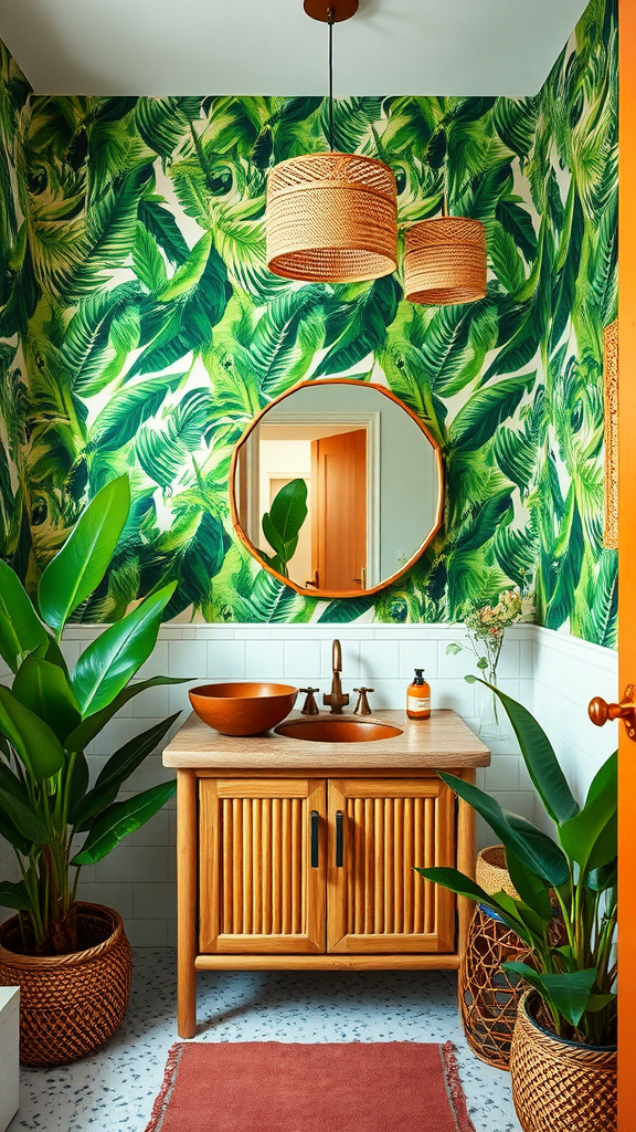 A boho bathroom with tropical-themed wallpaper, wooden vanity, and potted plants.